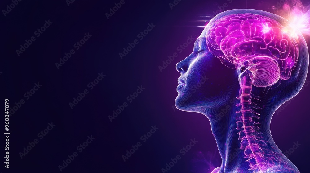 Digitally rendered profile of human brain and spinal cord in neon colors Digitally rendered profile of human brain and spinal cord in neon colors