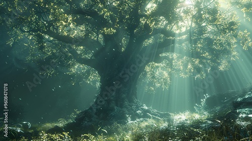 A majestic ancient tree stands tall in a mystical forest, sunlight beams through its leaves creating a magical atmosphere.