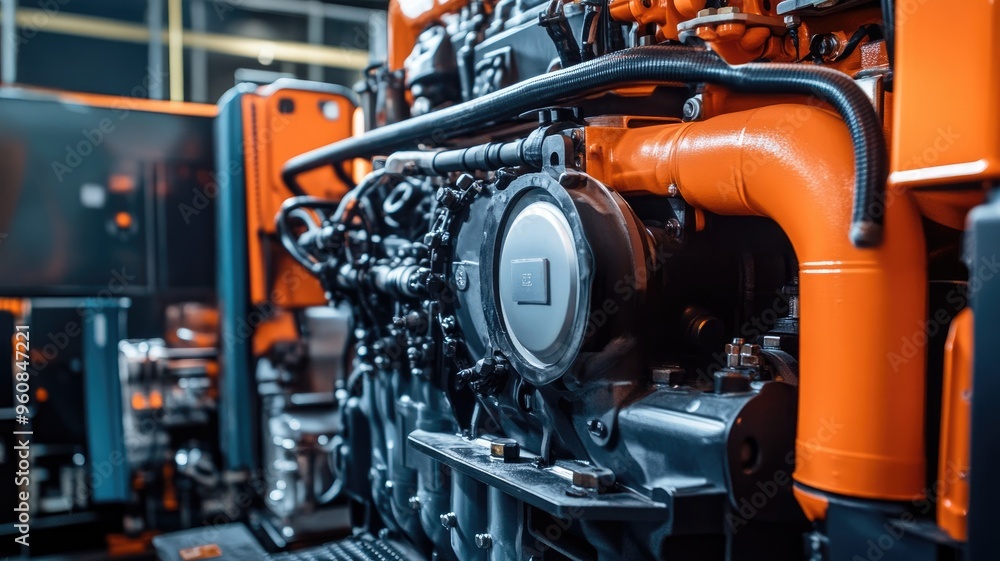 Fototapeta premium Powerful, industrial engine with orange and gray components in factory setting