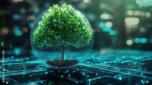 Tree growing on Circuit digital ball Digital and Technology Convergence Blue light and Wireframe network background Green Computing Green Technology Green IT csr and IT ethics Concept : Generative AI photo