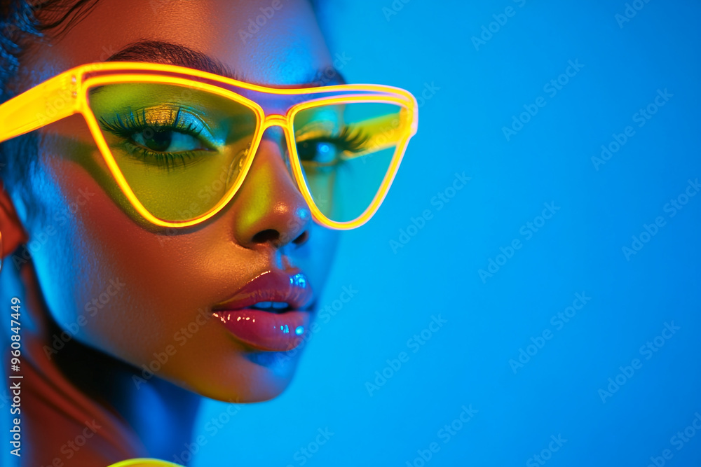 Trendy Womans Neon Yellow Eyewear with Solid Neon Blue Modern Lifestyle Portrait Featuring a Bold Neon Fashion Background Trendy Womans Neon Yellow Eyewear with Solid Neon Blue Modern Lifestyle Portrait Featuring a Bold Neon Fashion Background