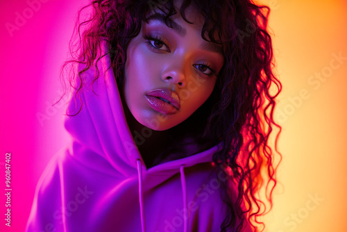 Wallpaper Mural Contemporary Womans Neon Purple Hoodie with Solid Neon Coral Chic Lifestyle Portrait Featuring a Vibrant Neon Background Torontodigital.ca