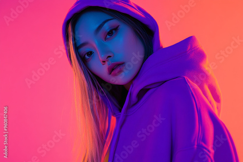 Fashionable Womans Neon Purple Hoodie with Solid Neon Coral Modern Lifestyle Portrait Against a Bold Neon Background