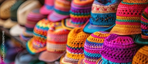 Colorful Handmade Caps Arranged In The Racks In The Market For Sale