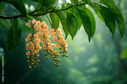 Baccaurea ramiflora and Green Leaves with Blooming Flower Buds photo