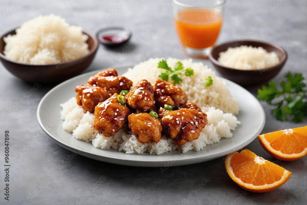 Orange Chicken: Overhead view of a serving of orange chicken on a plain white plate, with crispy chicken pieces coated in a glossy orange sauce and a side of white rice. Orange Chicken: Overhead view of a serving of orange chicken on a plain white plate, with crispy chicken pieces coated in a glossy orange sauce and a side of white rice.