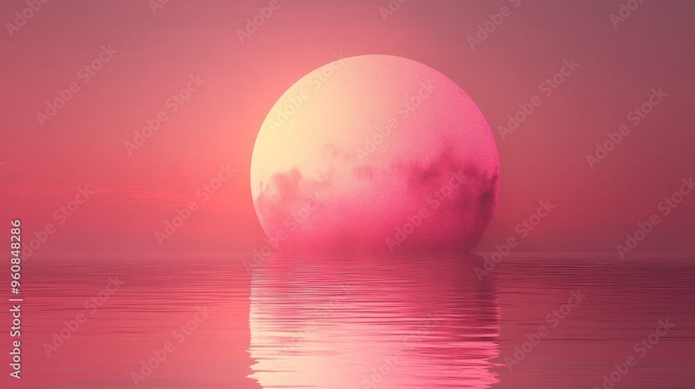 A large, pink orb rises above a still body of water, reflecting its light and casting a warm glow on the horizon. A large, pink orb rises above a still body of water, reflecting its light and casting a warm glow on the horizon.