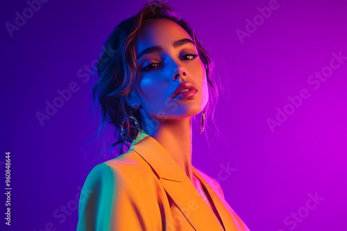 Contemporary Womans Bright Yellow Blazer with Solid Neon Purple Fashionable Portrait Featuring a Striking Neon Background