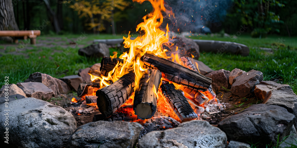 Warm bonfire with glowing embers and intense flames in a rustic outdoor atmosphere at night Warm bonfire with glowing embers and intense flames in a rustic outdoor atmosphere at night