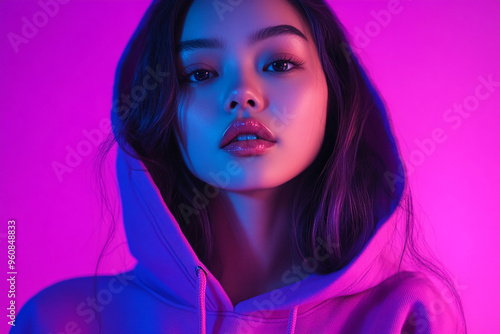 Stylish Womans Neon Purple Hoodie with Solid Neon Coral Modern Portrait with a Bold Neon Fashion Background