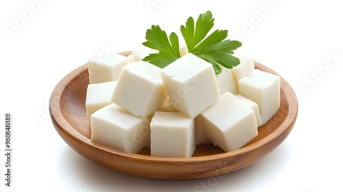 Tofu blocks arranged on a wooden plate. The fresh white cheese-like tofu cubes emphasize plant-based food, health, and culinary versatility. Ideal for vegan, organic, and nutritious food concepts photo