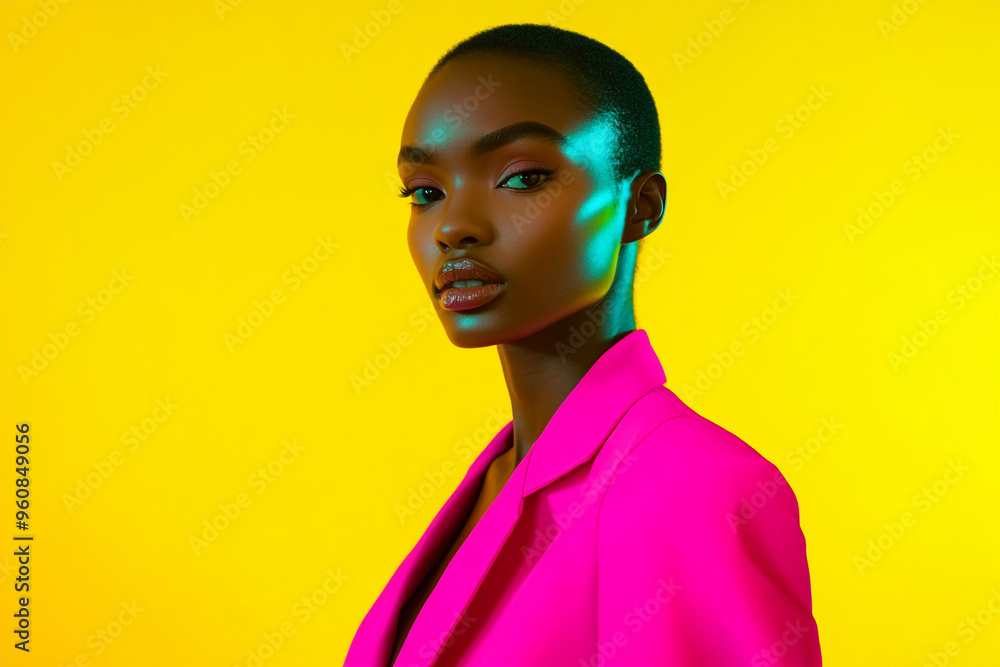Stylish Womans Neon Pak Blazer with Solid Neon Yellow Fashionable Portrait with a Striking Neon Fashion Background Stylish Womans Neon Pak Blazer with Solid Neon Yellow Fashionable Portrait with a Striking Neon Fashion Background