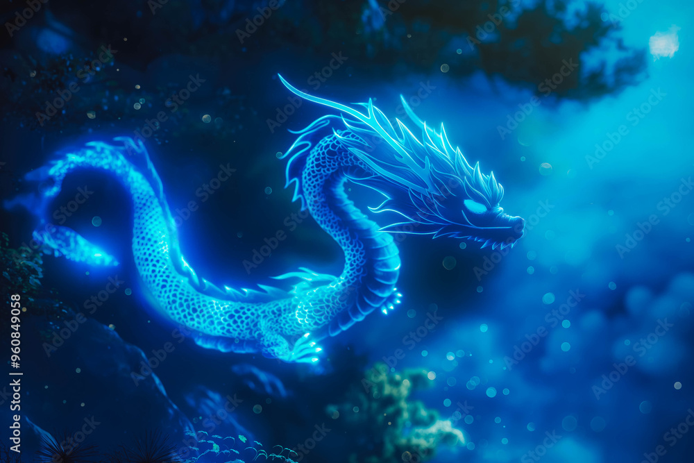 cute cartoon 3d glowing Chinese dragon flying, nature misty background cute cartoon 3d glowing Chinese dragon flying, nature misty background