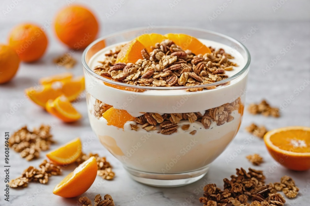 Orange Yogurt Parfait: A bowl of orange yogurt parfait, featuring layers of creamy yogurt, vibrant orange slices, and crunchy granola Orange Yogurt Parfait: A bowl of orange yogurt parfait, featuring layers of creamy yogurt, vibrant orange slices, and crunchy granola