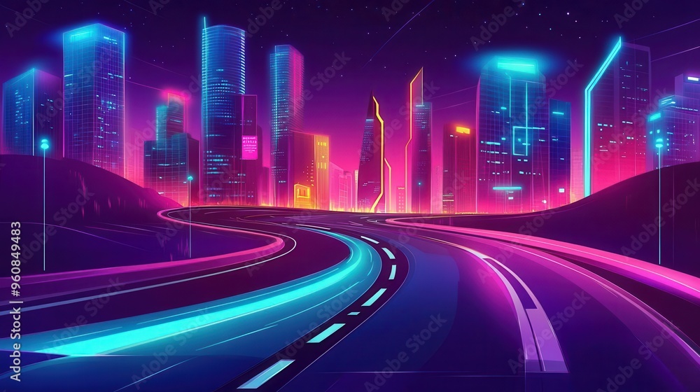 Endless winding road in a futuristic cyberpunk city, neon lights, flat design, front view Endless winding road in a futuristic cyberpunk city, neon lights, flat design, front view