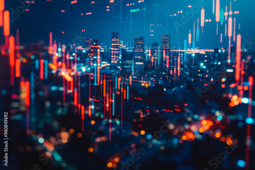 Wallpaper Mural Double exposure of candle stick graph chart with indicator with stock market price screen and city background, stock exchange trading, investment and financial concept Torontodigital.ca