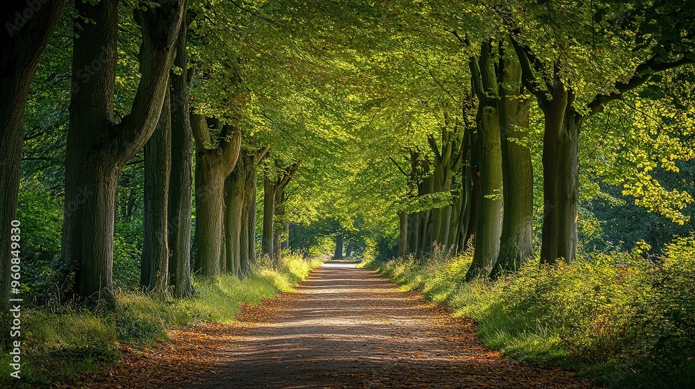 Obraz premium serene woodland path lined with trees, their leaves forming a canopy overhead, with light filtering through