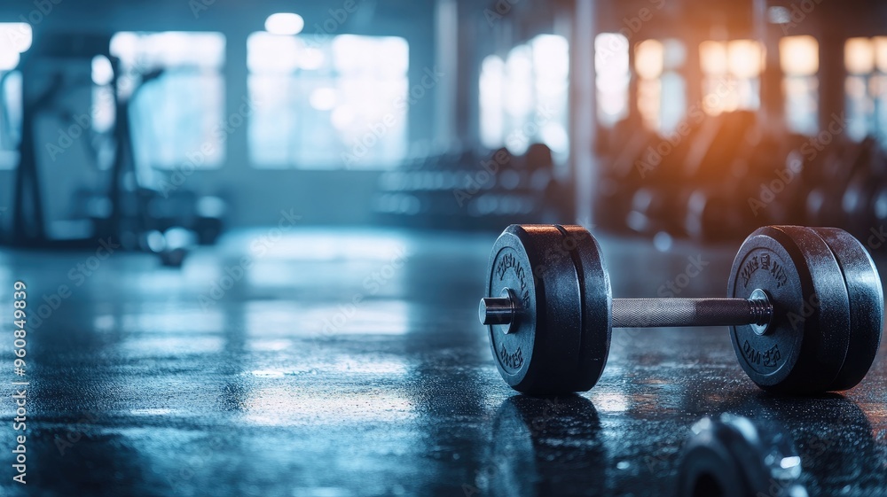 Dumbbell on gym floor under blue lighting, creating focused workout atmosphere Dumbbell on gym floor under blue lighting, creating focused workout atmosphere