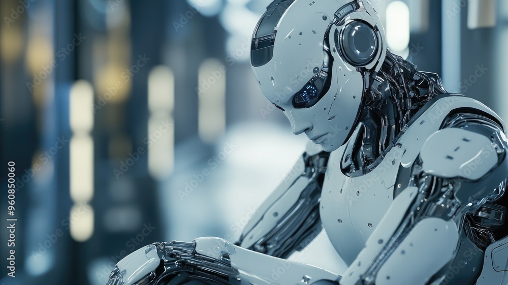 Fototapeta premium Futuristic humanoid robot deep in thought with metallic body modern interior setting