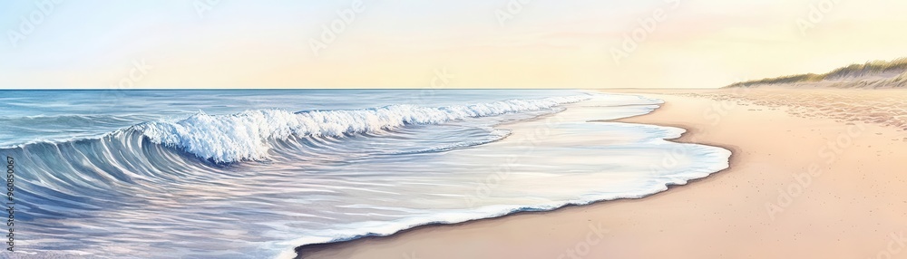 waves retreating from the shore on a sandy beach flat design, side view, calm morning, watercolor, Complementary Color Scheme waves retreating from the shore on a sandy beach flat design, side view, calm morning, watercolor, Complementary Color Scheme
