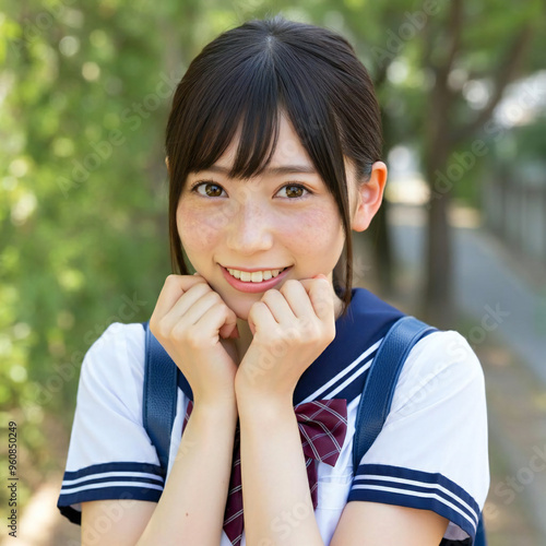Cute Japanese woman in her 20s, shy smile, face in love