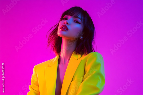 Trendy Fashion Portrait of Woman in Bright Yellow Blazer with Solid Neon Purple Background Modern Lifestyle Look with Vibrant Style