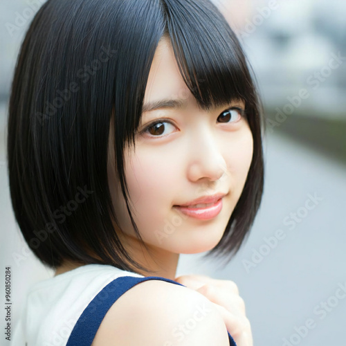 Cute Japanese woman in her 20s, shy smile, face in love