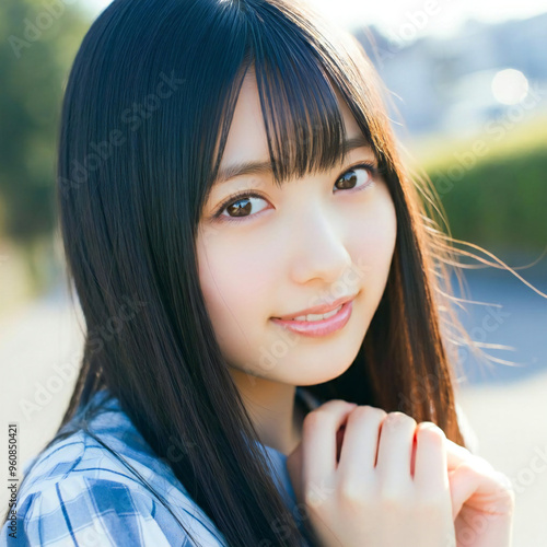 Cute Japanese woman in her 20s, shy smile, face in love