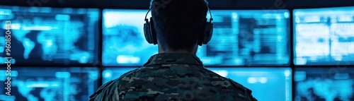 A soldier monitors multiple screens, showcasing modern military technology and surveillance operations in a high-tech environment.