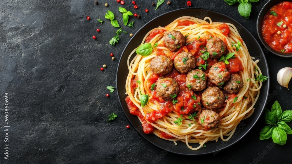 Delicious Homemade Spaghetti with Hearty Beef and Sausage Meatballs in a Rich Marinara Sauce, Rustic Italian Kitchen Delicious Homemade Spaghetti with Hearty Beef and Sausage Meatballs in a Rich Marinara Sauce, Rustic Italian Kitchen