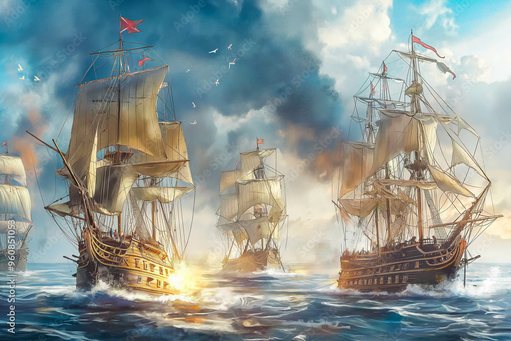 Naklejka premium Fighting pirates ships, pirate battle, pirate concept photo.