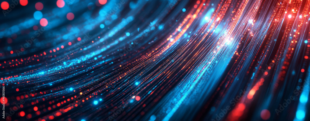 Abstract background with digital lines and glowing dots, blue red colors, dark abstract background with fiber optic cables Abstract background with digital lines and glowing dots, blue red colors, dark abstract background with fiber optic cables