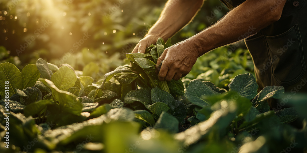 Fototapeta premium Gardener Harvesting Vegetables in Lush Garden