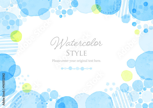 おしゃれな水玉と花の水彩フレーム青