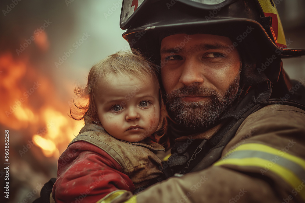 heroic firefighter saves a small child from flames of a burnt building, generative AI heroic firefighter saves a small child from flames of a burnt building, generative AI