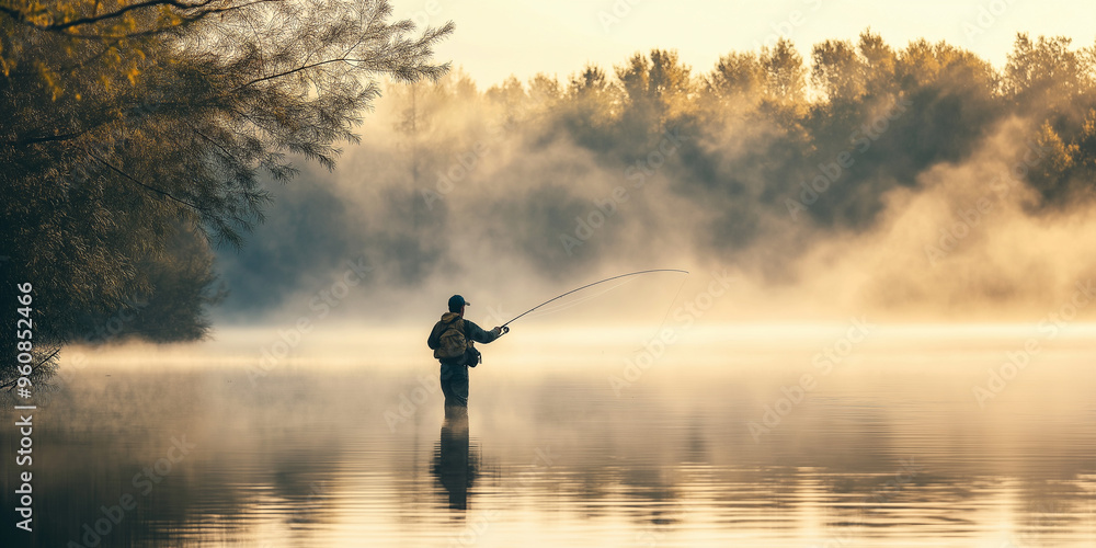 Fisherman Casting Line by Misty Lake Fisherman Casting Line by Misty Lake