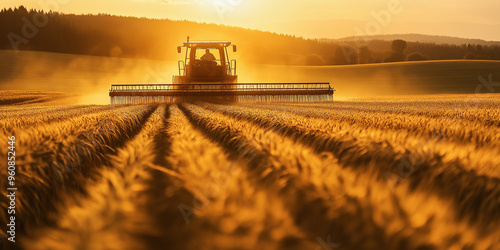 Farmer Harvesting Wheat at Sunset photo