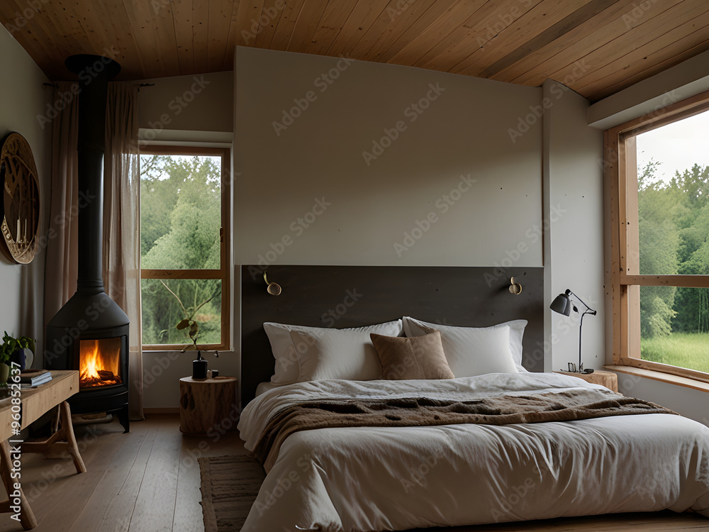 Boho Bedroom with Fireplace and Nature View: A Cozy and Warm Design Boho Bedroom with Fireplace and Nature View: A Cozy and Warm Design