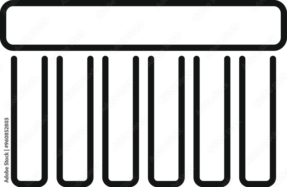 Simple black line art icon of window blinds hanging from a window frame Simple black line art icon of window blinds hanging from a window frame