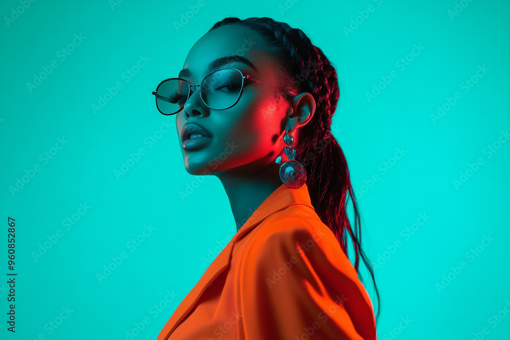 Fashion Portrait of Woman in Neon Orange Blazer with Solid Neon Teal Background Trendsetting Lifestyle Look with Vibrant Style