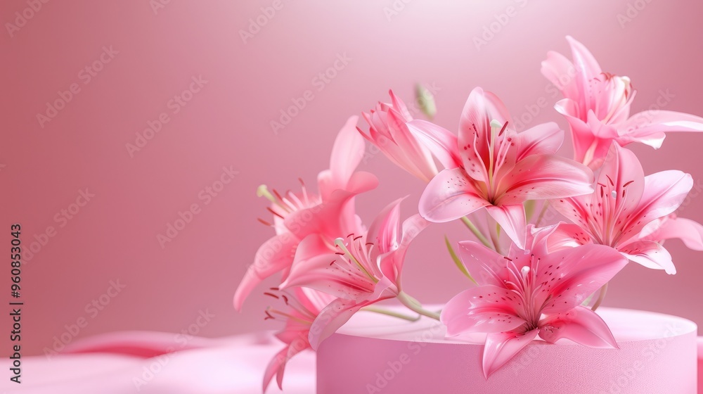 Fototapeta premium Podium adorned with pink lilies on a pink backdrop for showcasing cosmetics, designs, and products. Perfect for Valentine's Day, Mother's Day, Women's Day, and holidays.