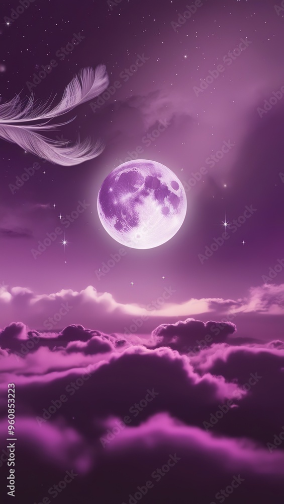 A dreamy purple sky with a full moon and a single feather, phone background wallpaper, ai generated A dreamy purple sky with a full moon and a single feather, phone background wallpaper, ai generated