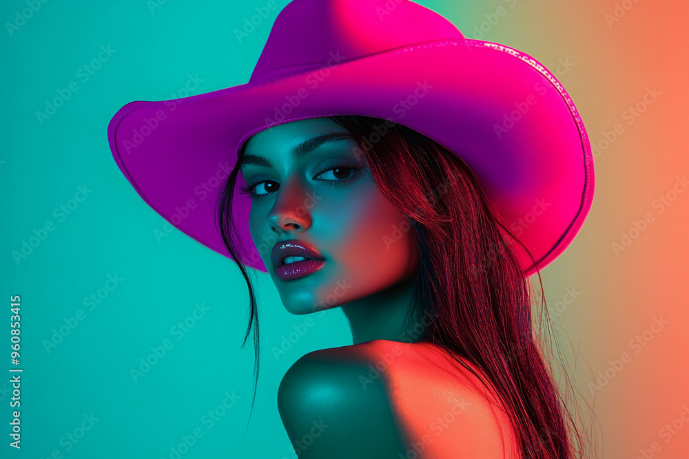Stylish Woman in Neon Pink Hat with Solid Neon Teal Background Bold Fashion Lifestyle Portrait with Trendsetting Appeal Stylish Woman in Neon Pink Hat with Solid Neon Teal Background Bold Fashion Lifestyle Portrait with Trendsetting Appeal