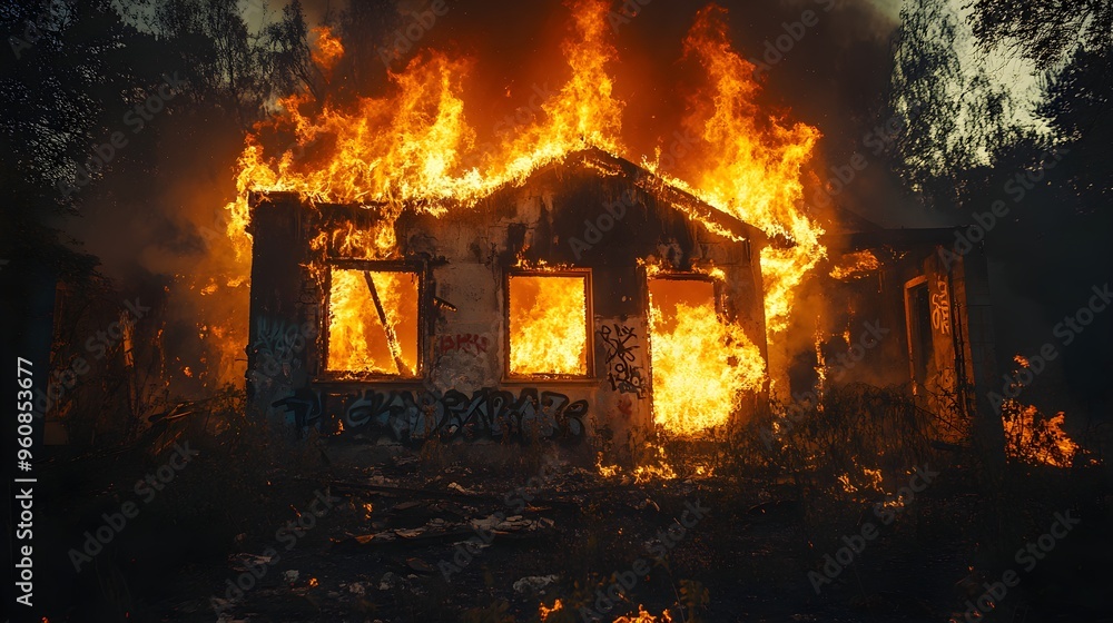 A forsaken house with graffiti, consumed by a massive fire at night, flames licking the walls, intense heat radiating in the darkness A forsaken house with graffiti, consumed by a massive fire at night, flames licking the walls, intense heat radiating in the darkness