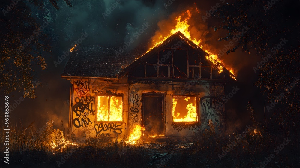 A forsaken house with graffiti, consumed by a massive fire at night, flames licking the walls, intense heat radiating in the darkness A forsaken house with graffiti, consumed by a massive fire at night, flames licking the walls, intense heat radiating in the darkness