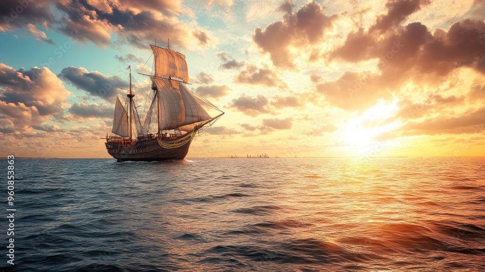 Fototapeta premium Majestic wooden ship sails at sunset on open ocean