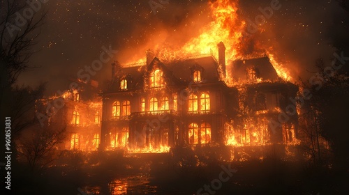 A historic mansion being devoured by flames in the dead of night, with ash raining down from the sky