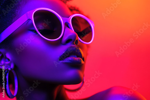 Stylish Womans Neon Purple Eyewear with Solid Neon Coral Background Trendsetting Lifestyle Portrait with Bold Style