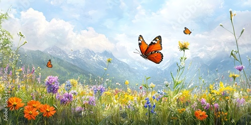 enchanting wildflowers meadow with butterflies summer nature landscape digital painting