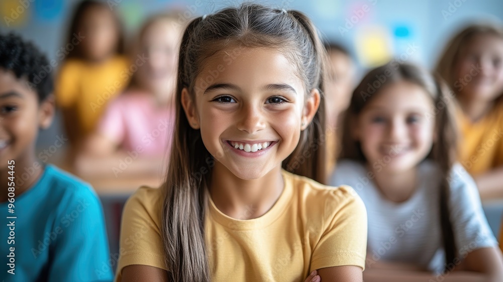 Smiling young girl in classroom, surrounded by diverse classmates, wearing yellow shirt Smiling young girl in classroom, surrounded by diverse classmates, wearing yellow shirt